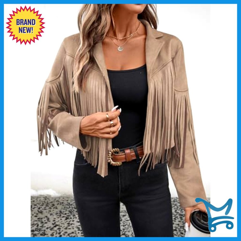 Faux Suede Leather Cropped Jacket with Fringe Tassels Western Style - Picture 6 of 7